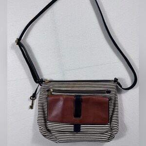 FOSSIL Striped Canvas & Leather Crossbody Bag | Black Ivory Stripe | Key Charm